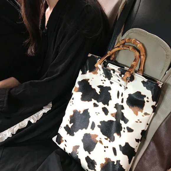 Cow Print Mini Tote Bag 14" x 12" Faux Leather Handbag - Picture 4 of 16